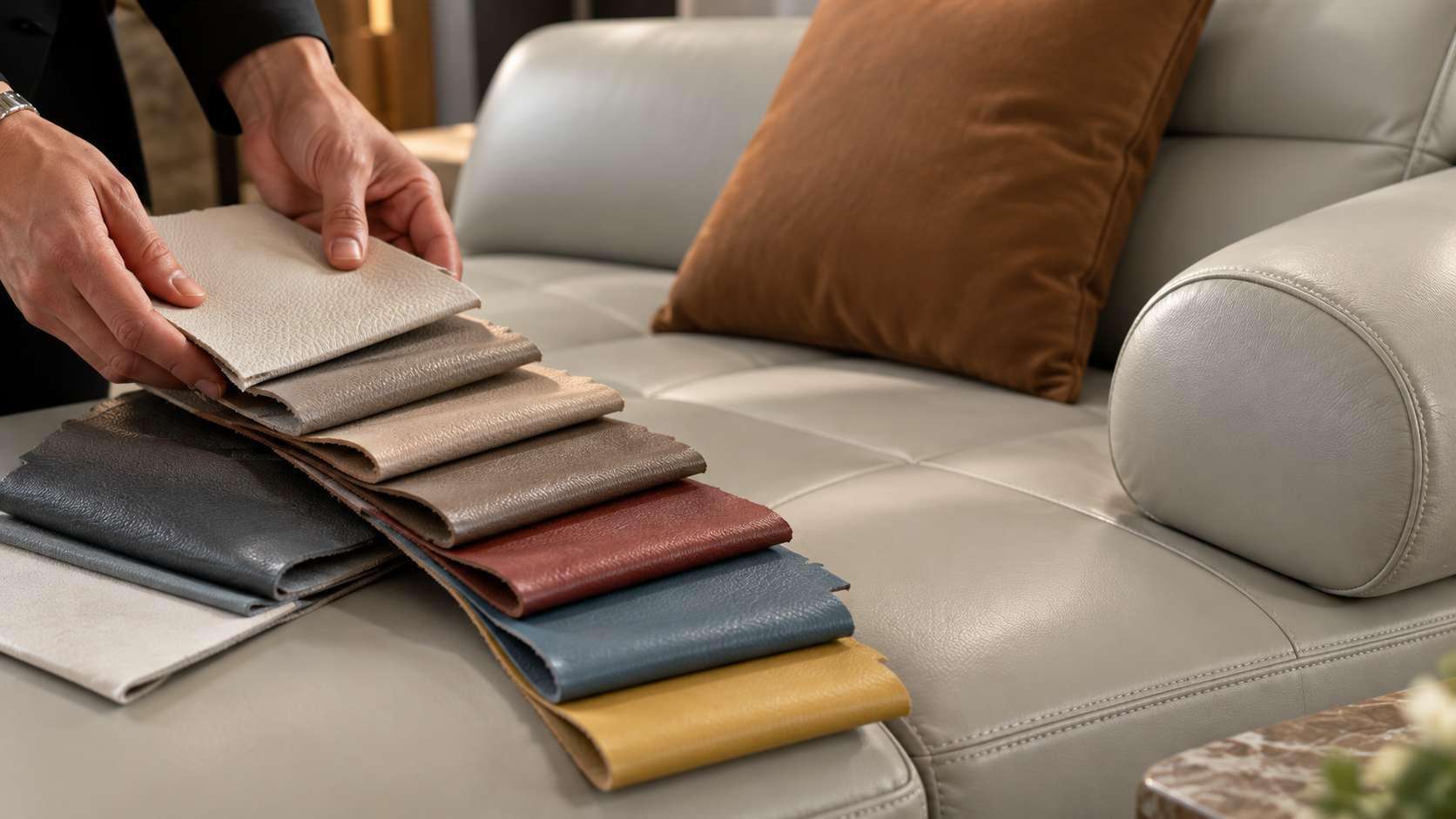 Leather samples on a light grey sofa with a brown cushion